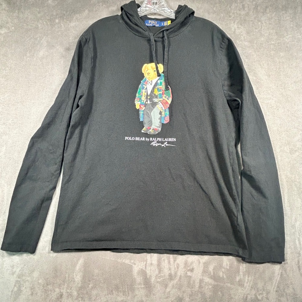 Polo Ralph Lauren Mens Black Polo Bear Hooded Long Sleeve Shirt Size L